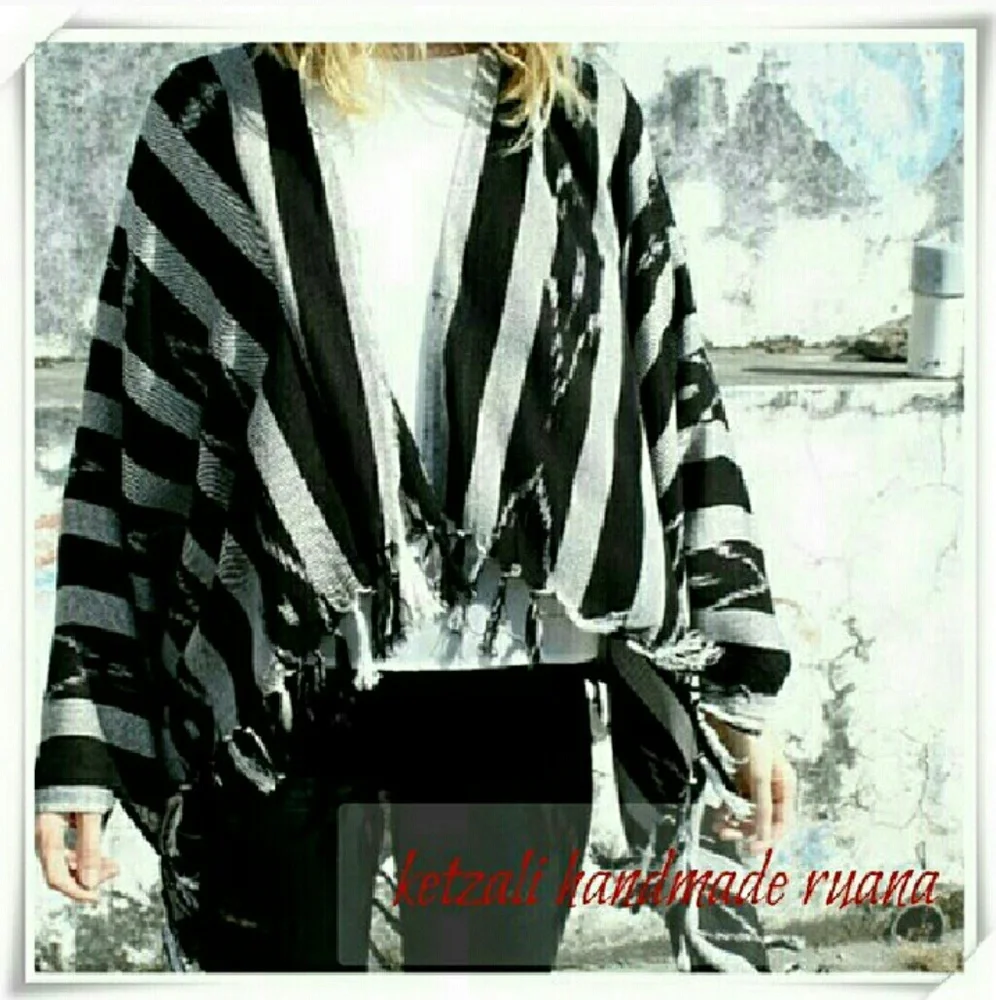 💲Sale 3/$15 - Ketzali Black Grey Tribal Aztec Stripes Summer Shawl w/Fringe OS